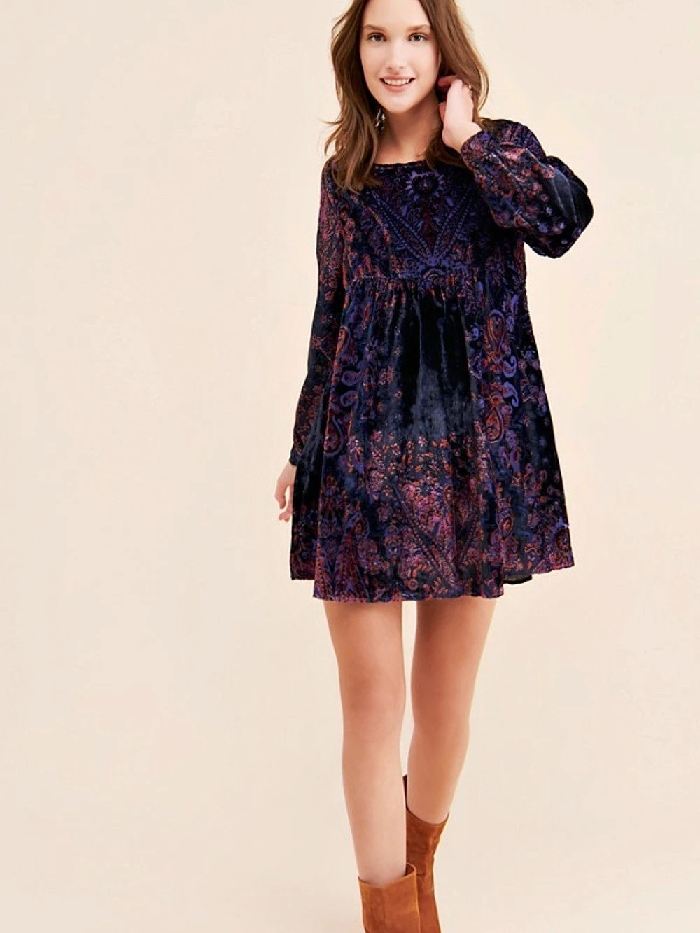Free People All The Time Velvet Mini Dress Black & Purple Medium Like New